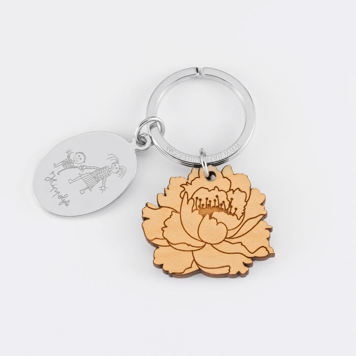 Personalised engraved oval steel medallion and wooden flower charm keyring - sketch