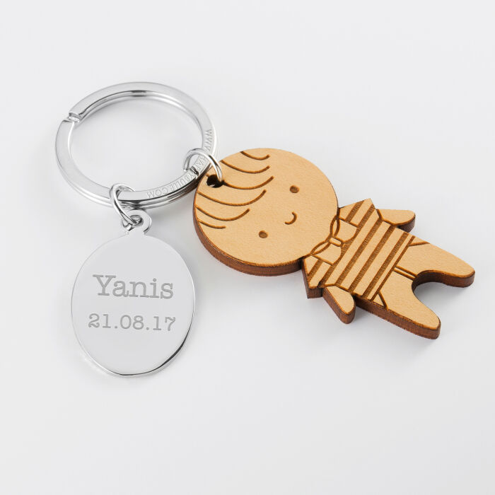 Personalised engraved oval steel medallion and wooden little boy charm keyring - text