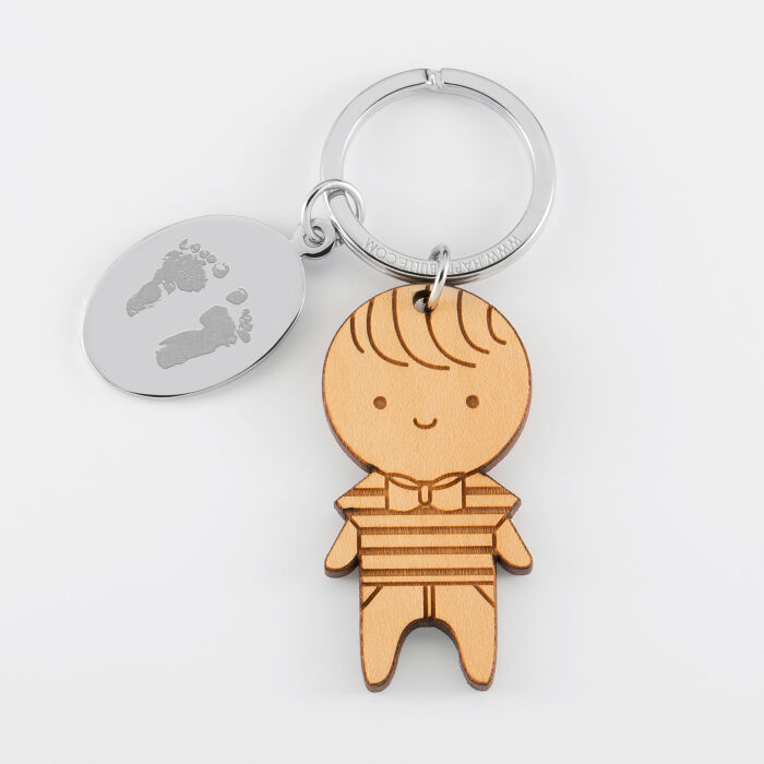 Personalised engraved oval steel medallion and wooden little boy charm keyring - imprints