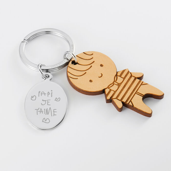Personalised engraved oval steel medallion and wooden little boy charm keyring - writing
