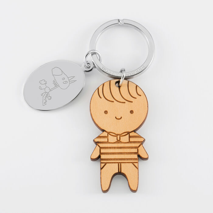 Personalised engraved oval steel medallion and wooden little boy charm keyring - sketch