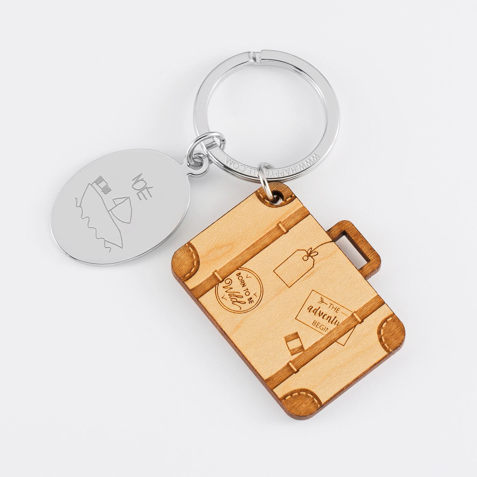 Personalised engraved oval steel medallion and wooden suitcase charm keyring - sketch