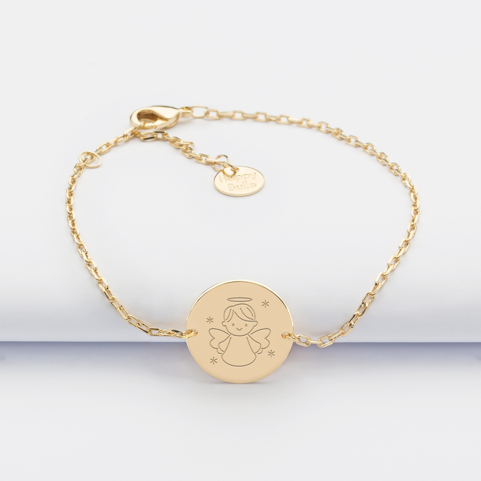 Bracelet Baptême enfant chaîne personnalisé médaille gravée plaqué or 2 trous 15 mm illu ange