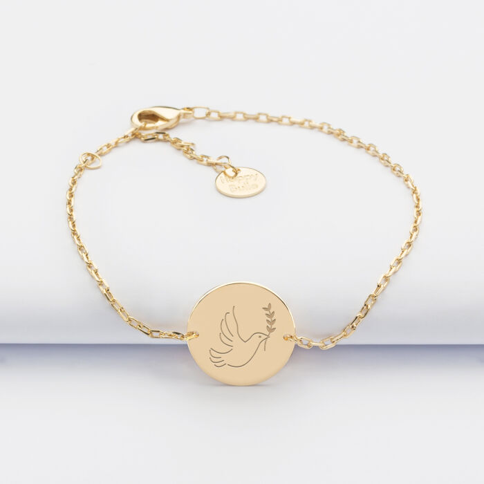 Bracelet Baptême enfant chaîne personnalisé médaille gravée plaqué or 2 trous 15 mm illu colombe