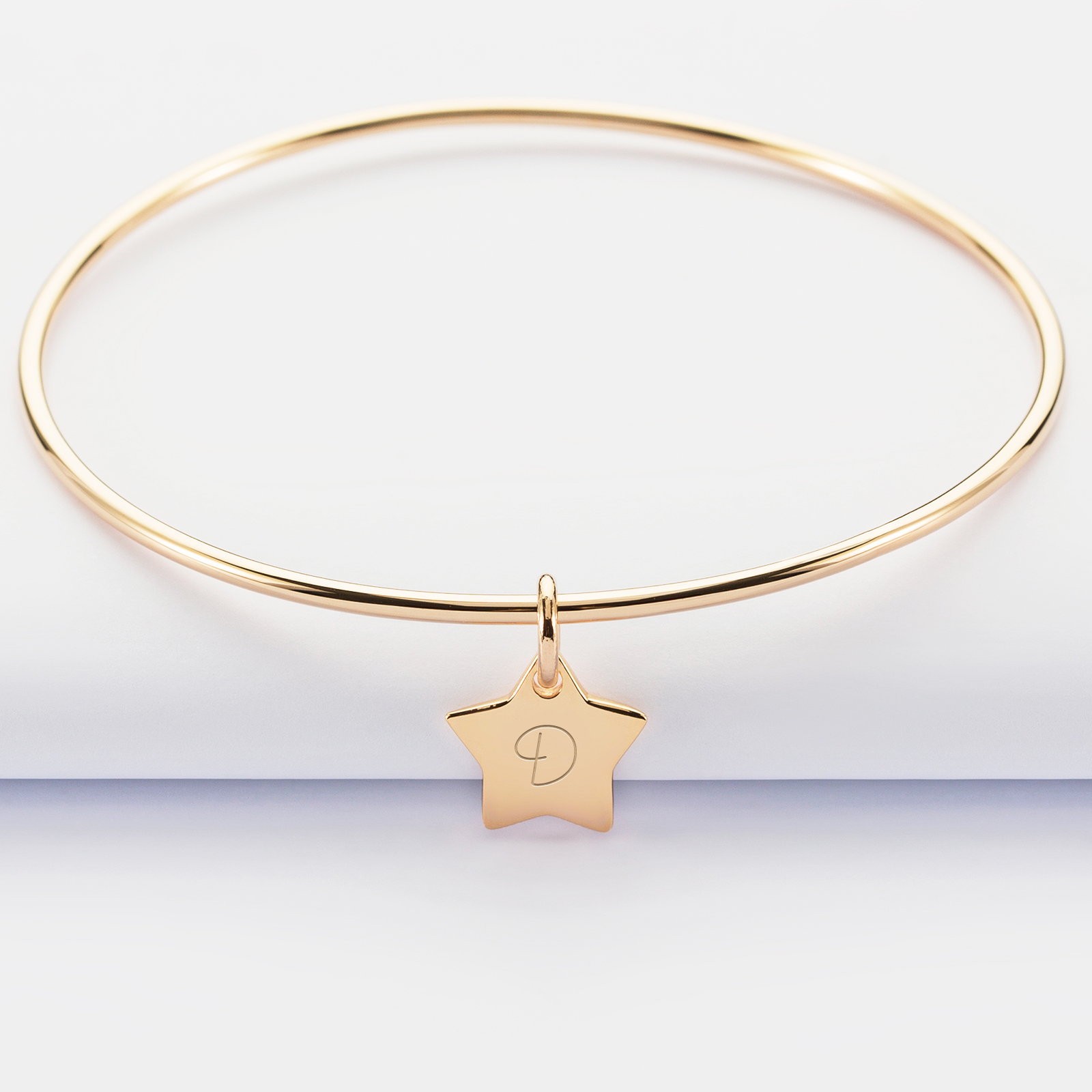 Personalised gold plated bangle and 12 mm engraved initial star medallion - 1
