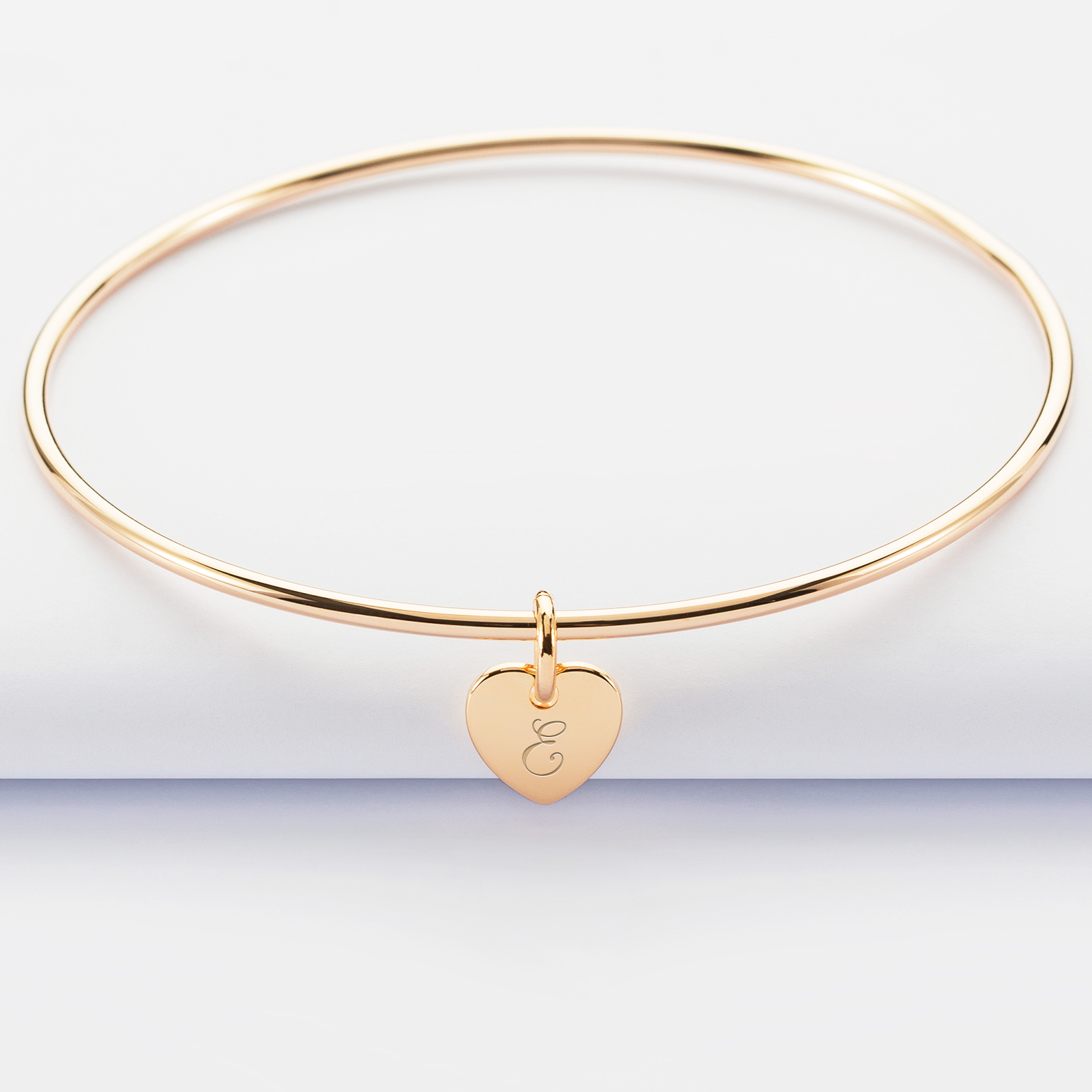 Personalised gold plated bangle and 10 mm engraved initial heart medallion - 1