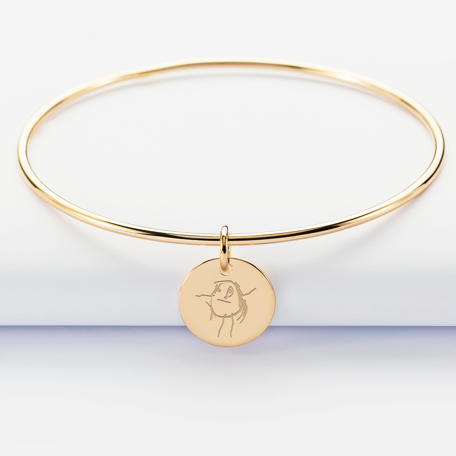 Personalised gold plated bangle and 15mm engraved medallion - sketch