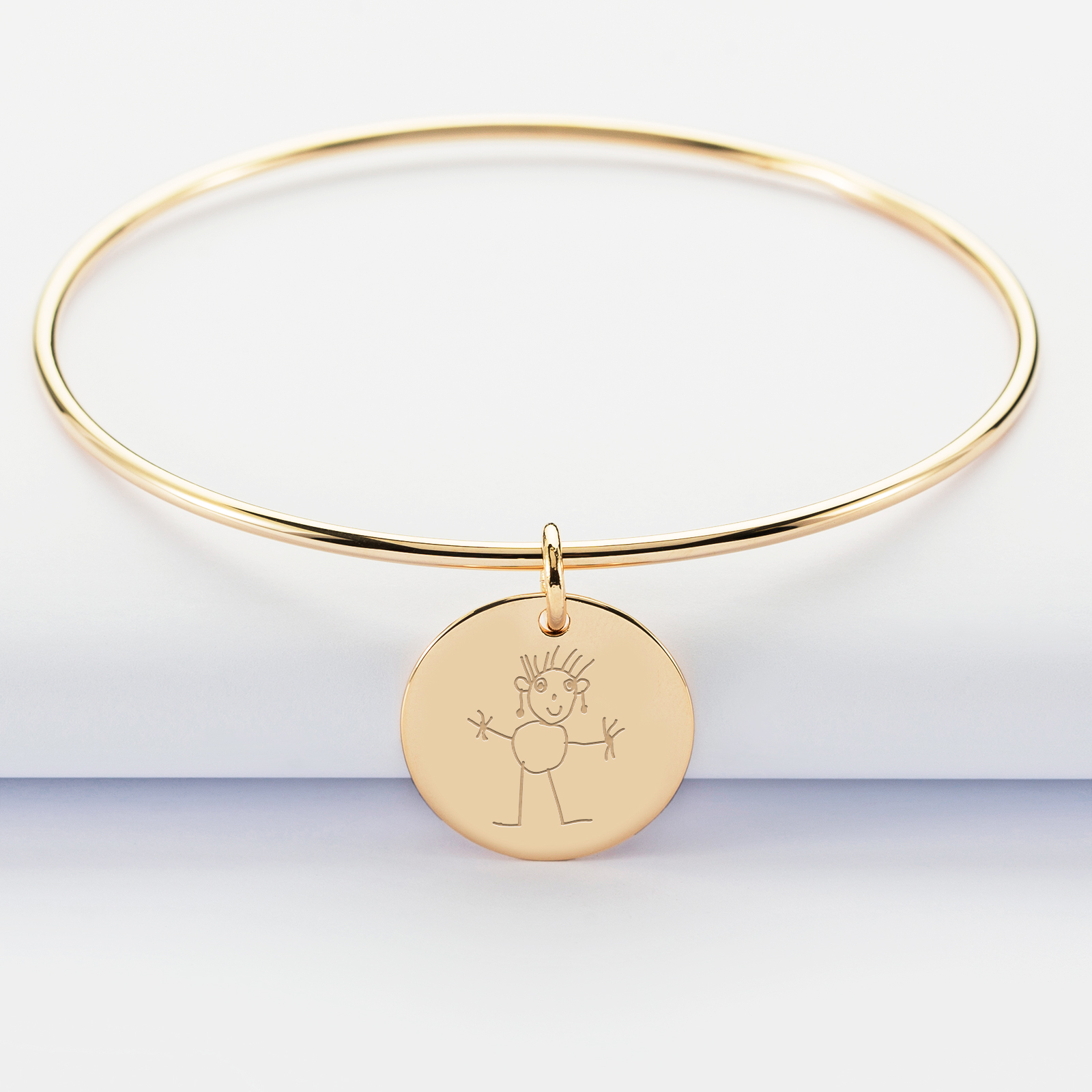 Personalised gold plated bangle and 19 mm engraved medallion - sketch