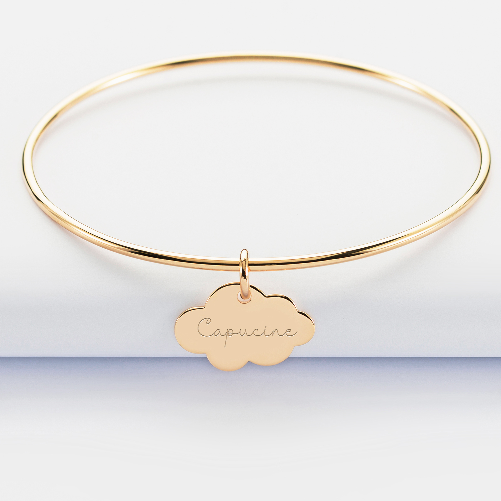 Personalised gold-plated bangle and engraved cloud medallion 20x14 mm - name