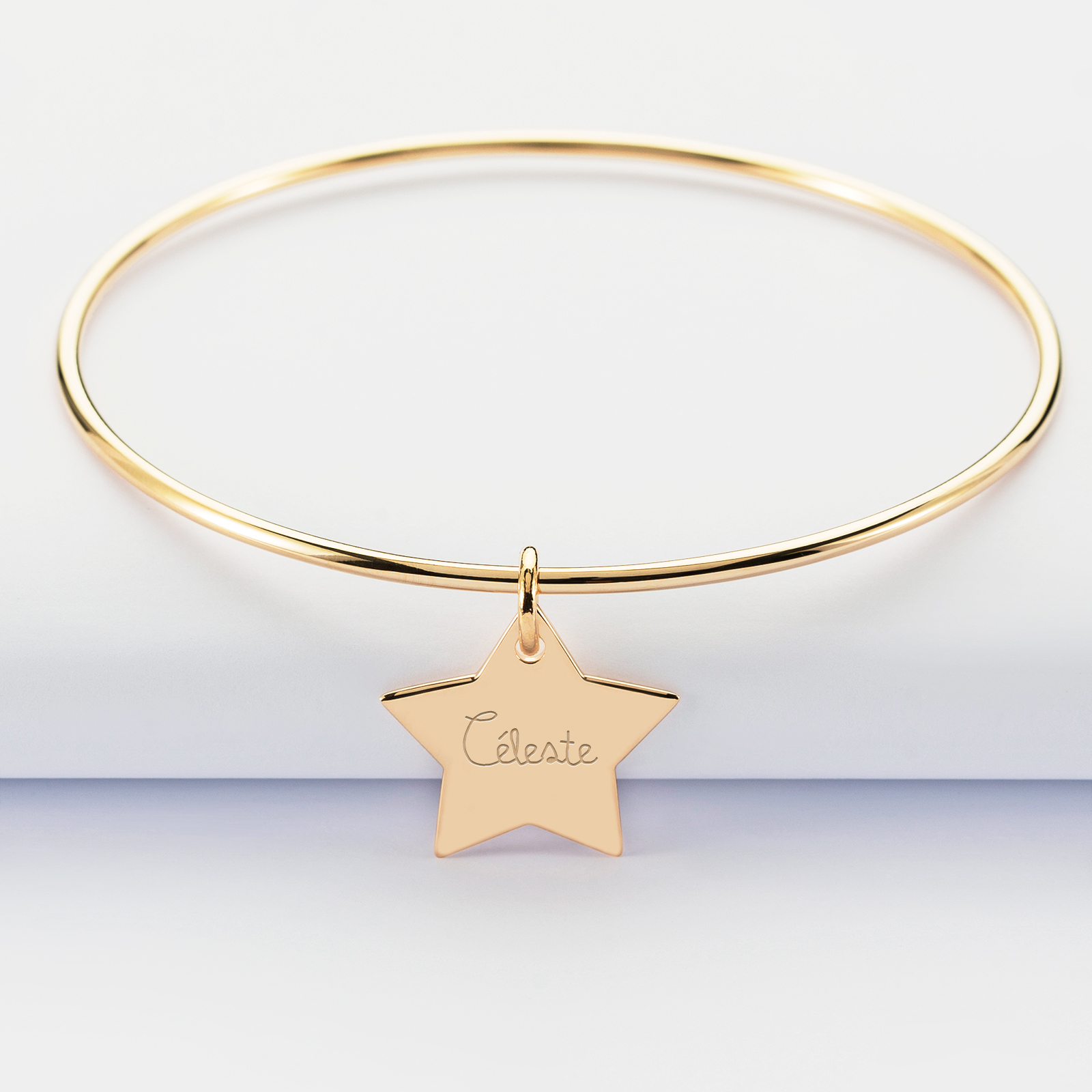 Personalised gold plated bangle and engraved star medallion 20x20mm - name