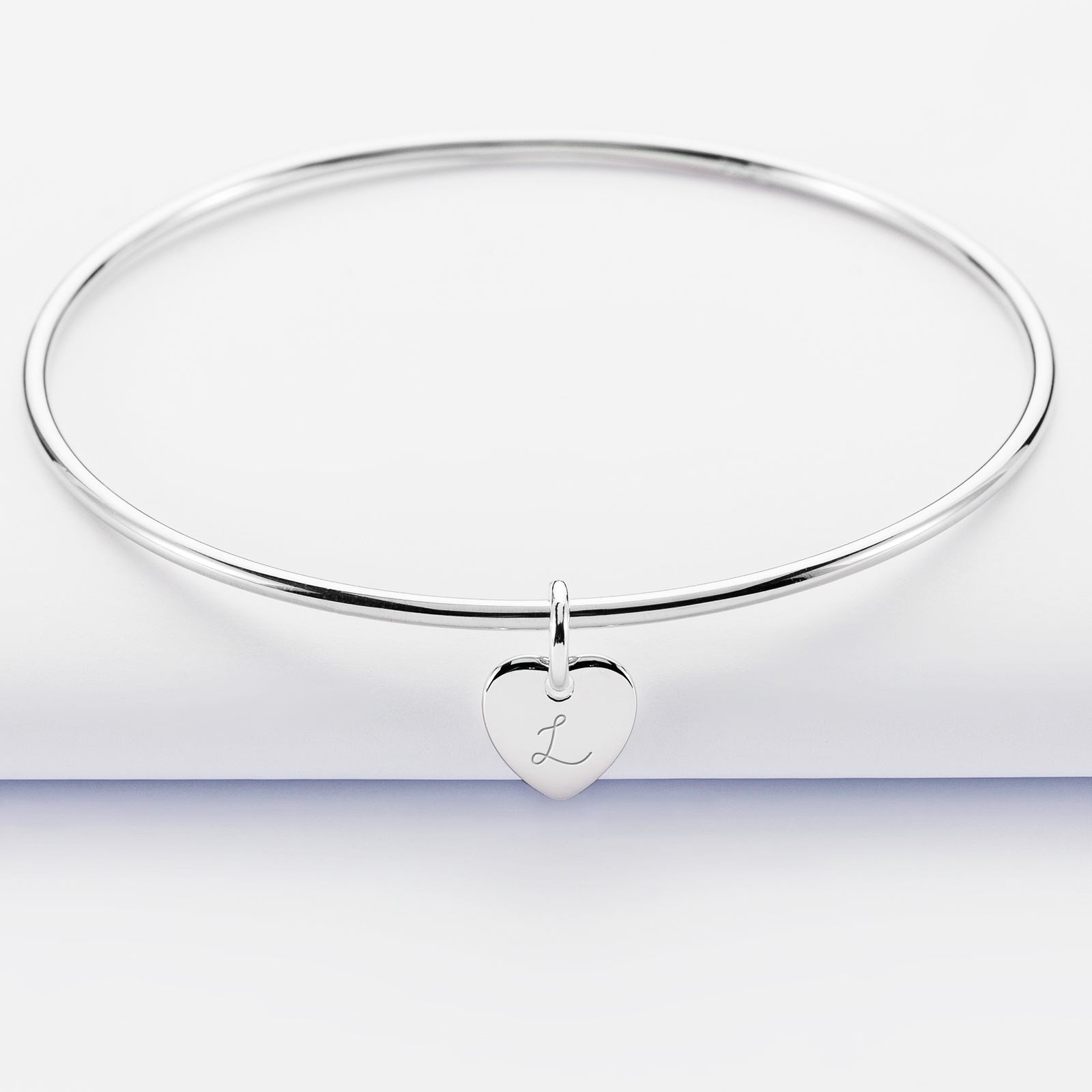 Personalised silver bangle and 10 mm engraved initial heart medallion - 1