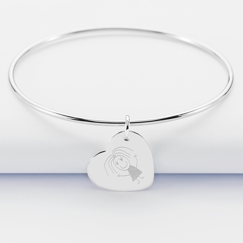 Personalised silver bangle and engraved heart medallion 19x21mm - sketch