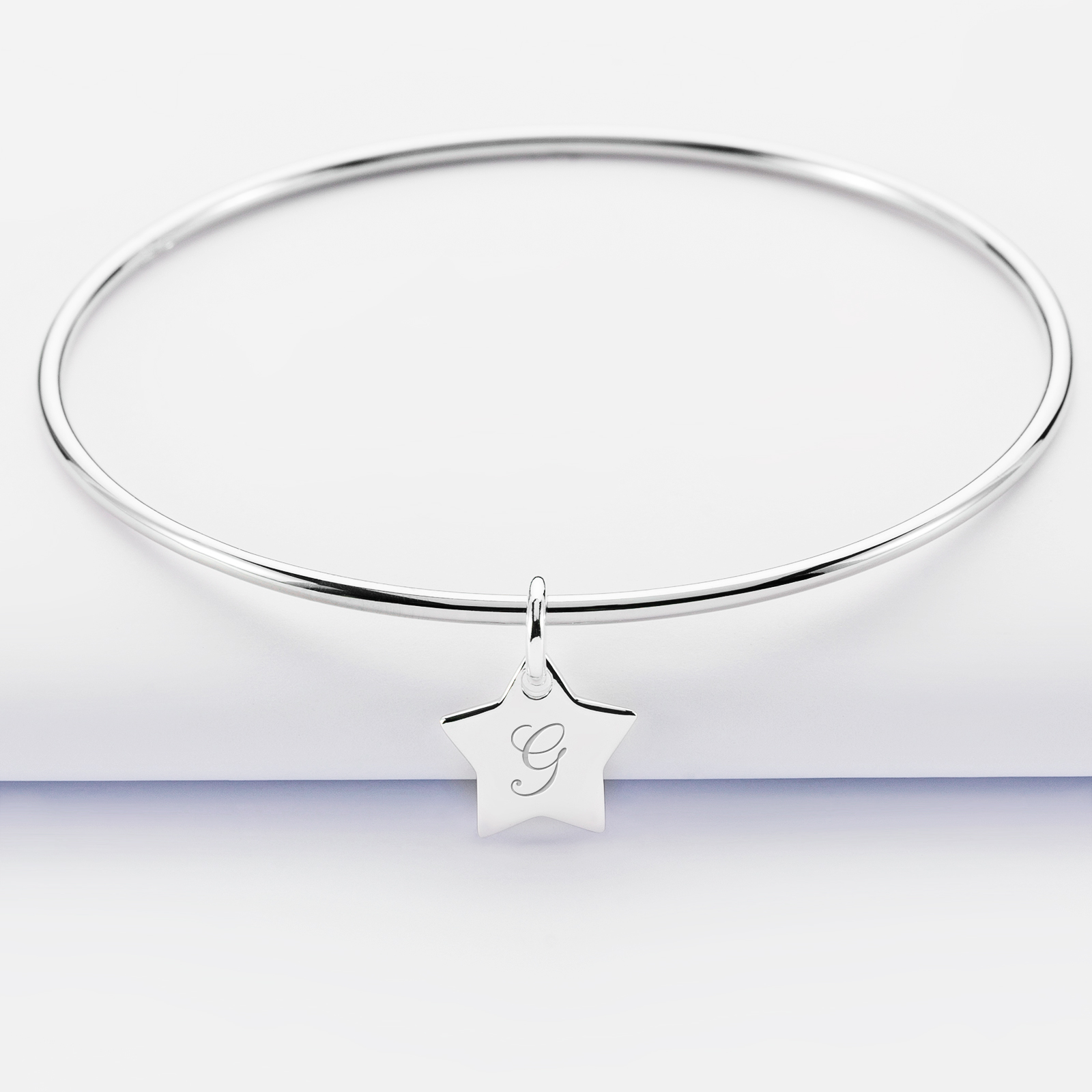 Personalised silver bangle and 12 mm engraved initial star medallion - 1
