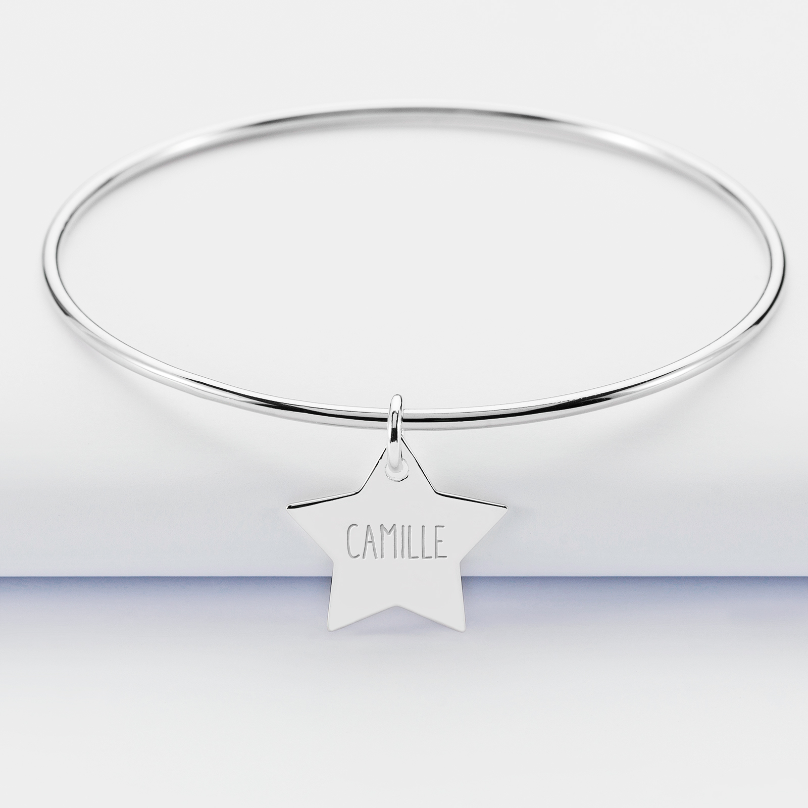 Personalised silver bangle and engraved star medallion 20x20 mm