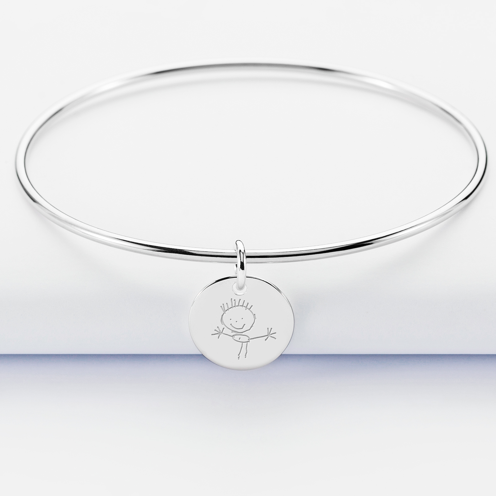 Personalised silver bangle and 15 mm engraved medallion - sketch