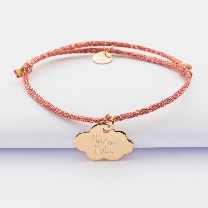 Sparkly cord bracelet with personalised engraved gold plated cloud medallion 20x14 mm - names