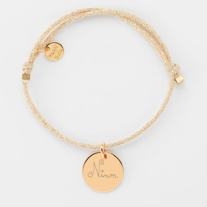 Bracelet personnalisé cordon pailleté médaille gravée plaqué or 15 mm - écrits