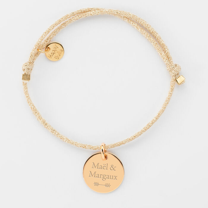 Bracelet personnalisé cordon pailleté médaille gravée plaqué or 15 mm - prénoms