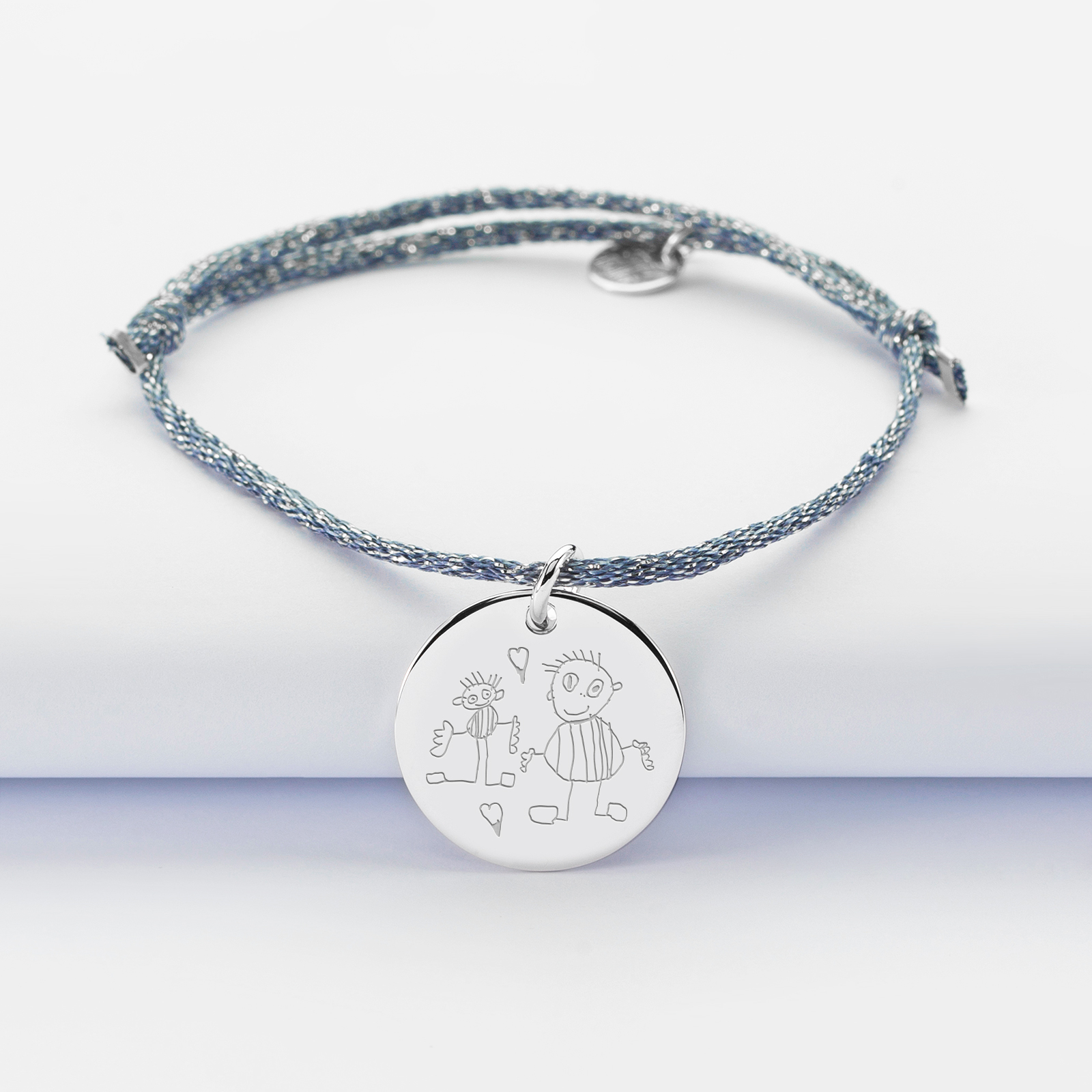 Sparkly cord bracelet with personalised engraved silver medallion 19 mm sketch