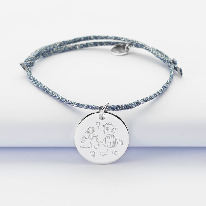 Bracelet personnalisé cordon pailleté médaille gravée argent 19 mm