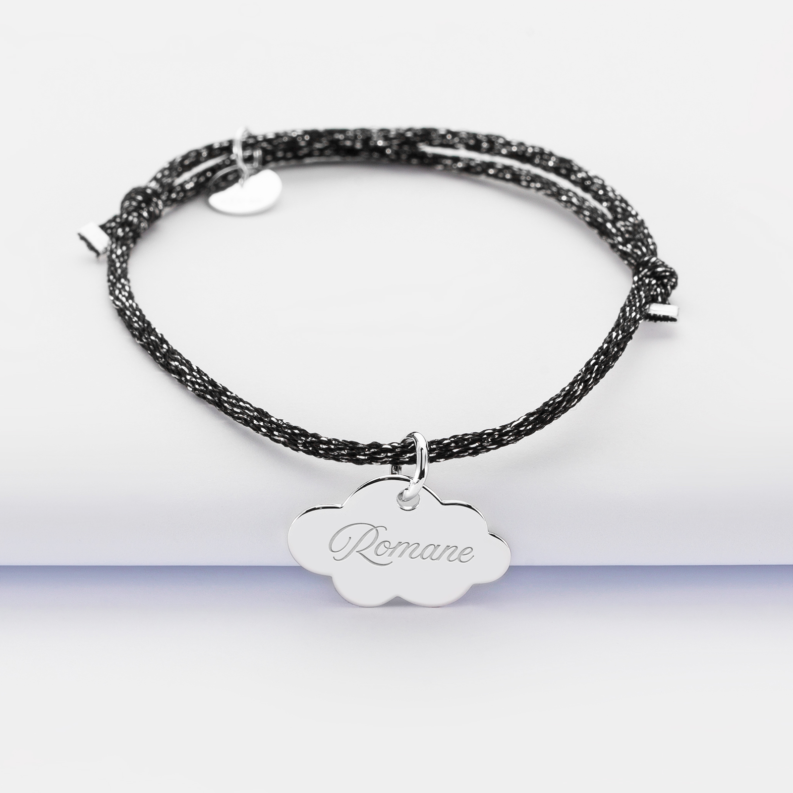 Sparkly cord bracelet with personalised engraved silver cloud medallion 20x14 mm - name