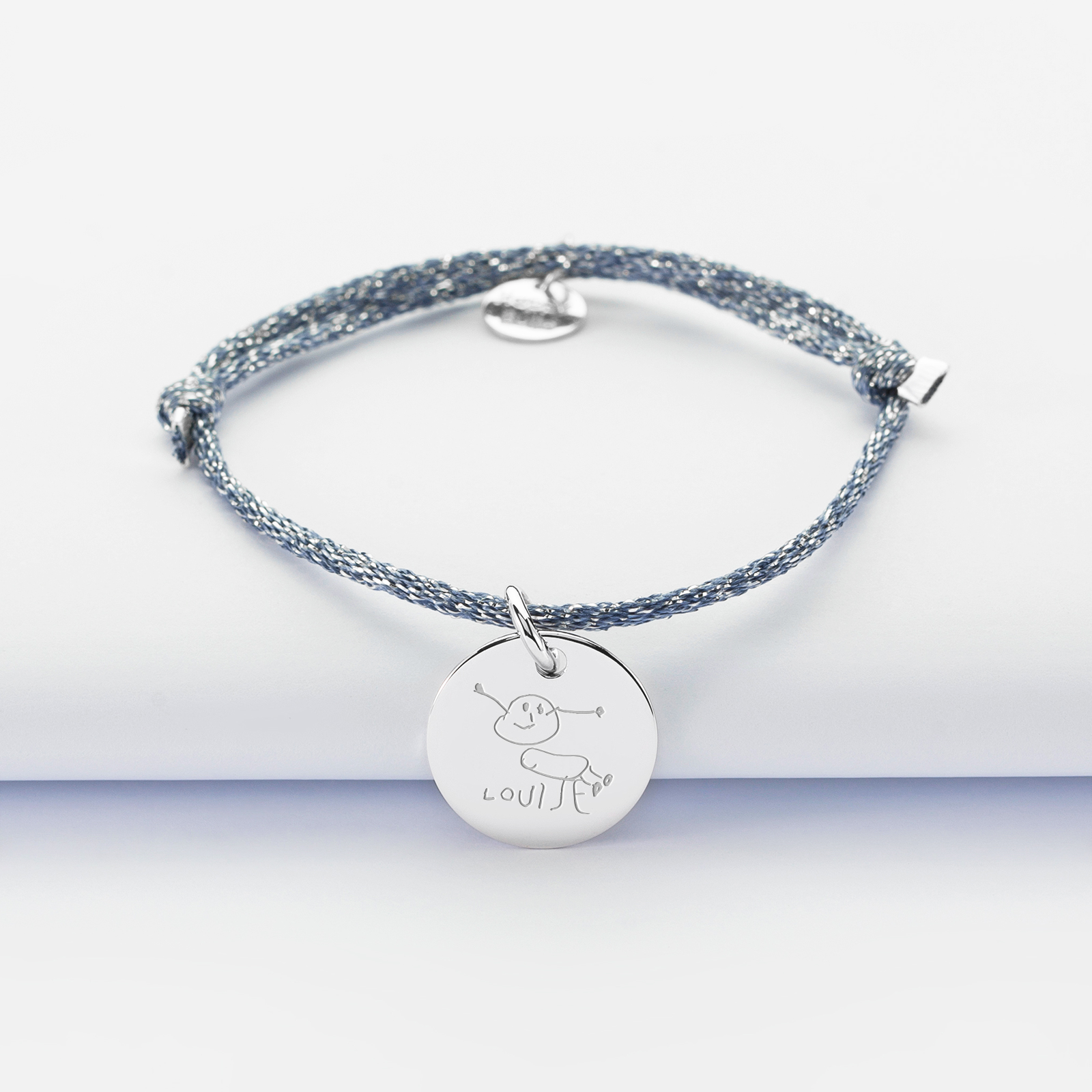 Sparkly cord children's bracelet with personalised engraved silver medallion 15 mm - sketch