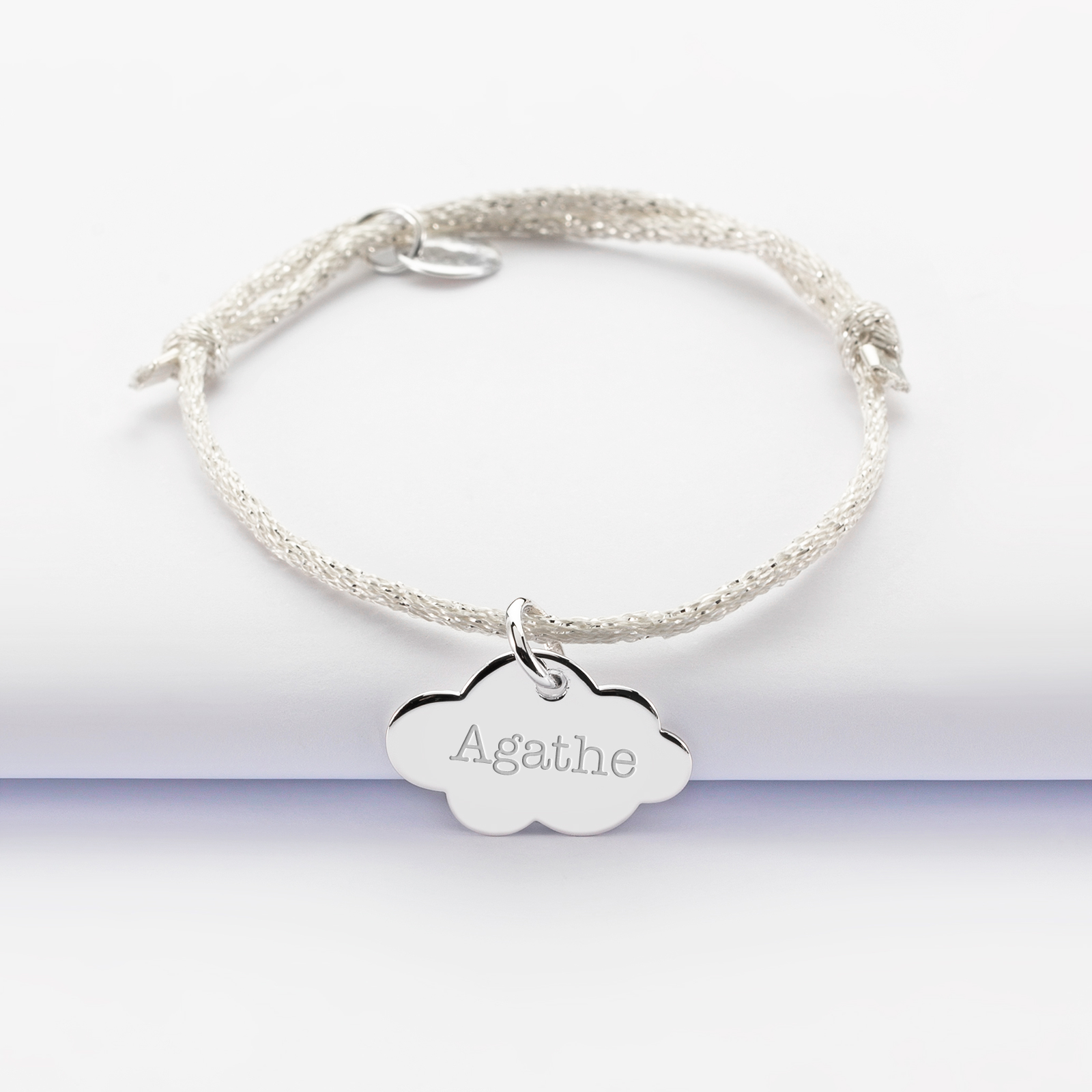 Sparkly cord children's bracelet with personalised engraved silver cloud medallion 20x14 mm - name 1