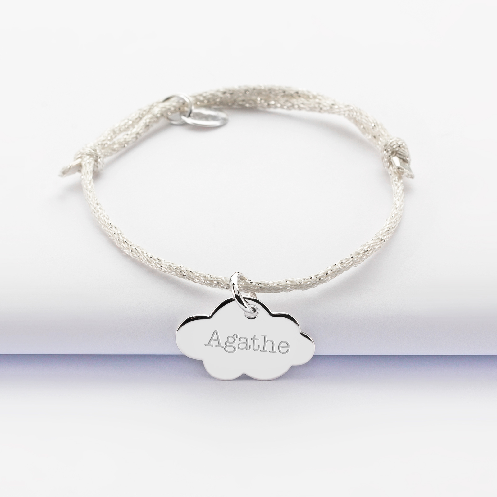 Bracelet Enfant Cordon Paillete Personnalise Medaille Argent Gravee Nuage x14 Mm