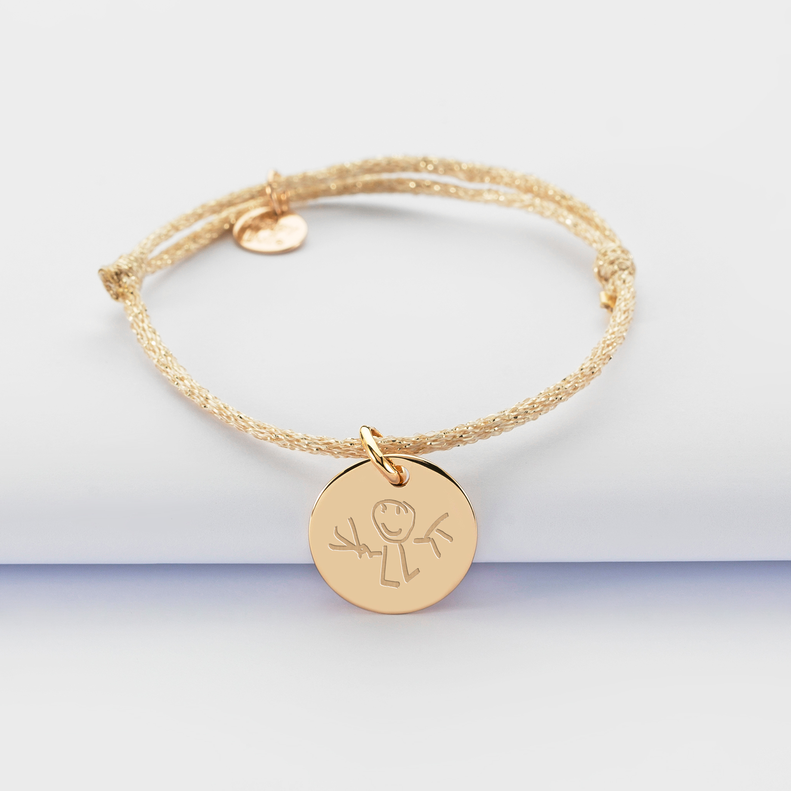 Bracelet enfant personnalisé cordon pailleté médaille gravée plaqué or 15 mm - dessin