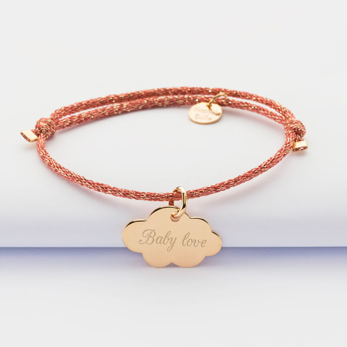 Sparkly cord children's bracelet with personalised engraved gold plated cloud medallion 20x14 mm - text
