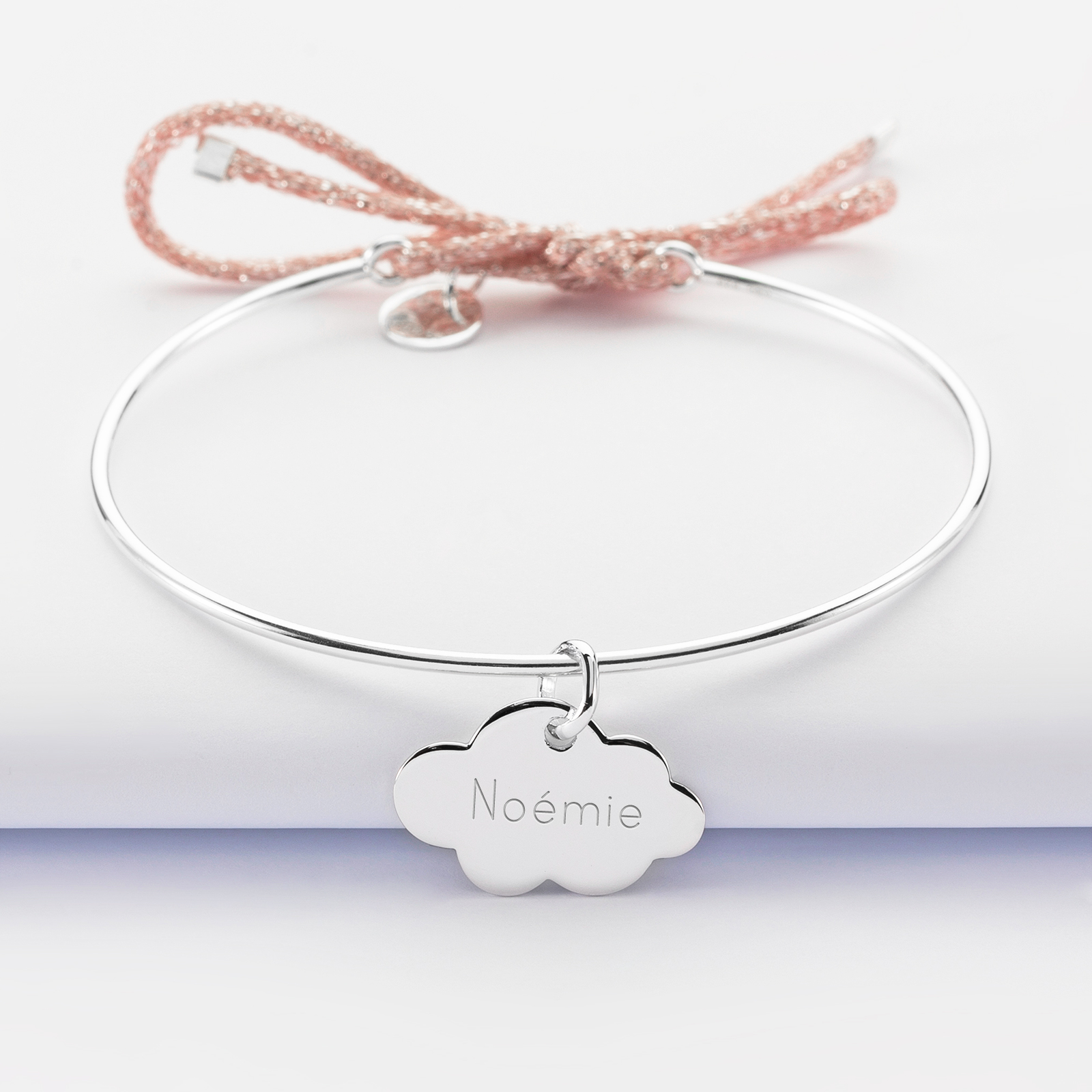 Personalised silver and sparkly cord bangle bracelet and 19 mm engraved cloud medallion 20x14 mm - name