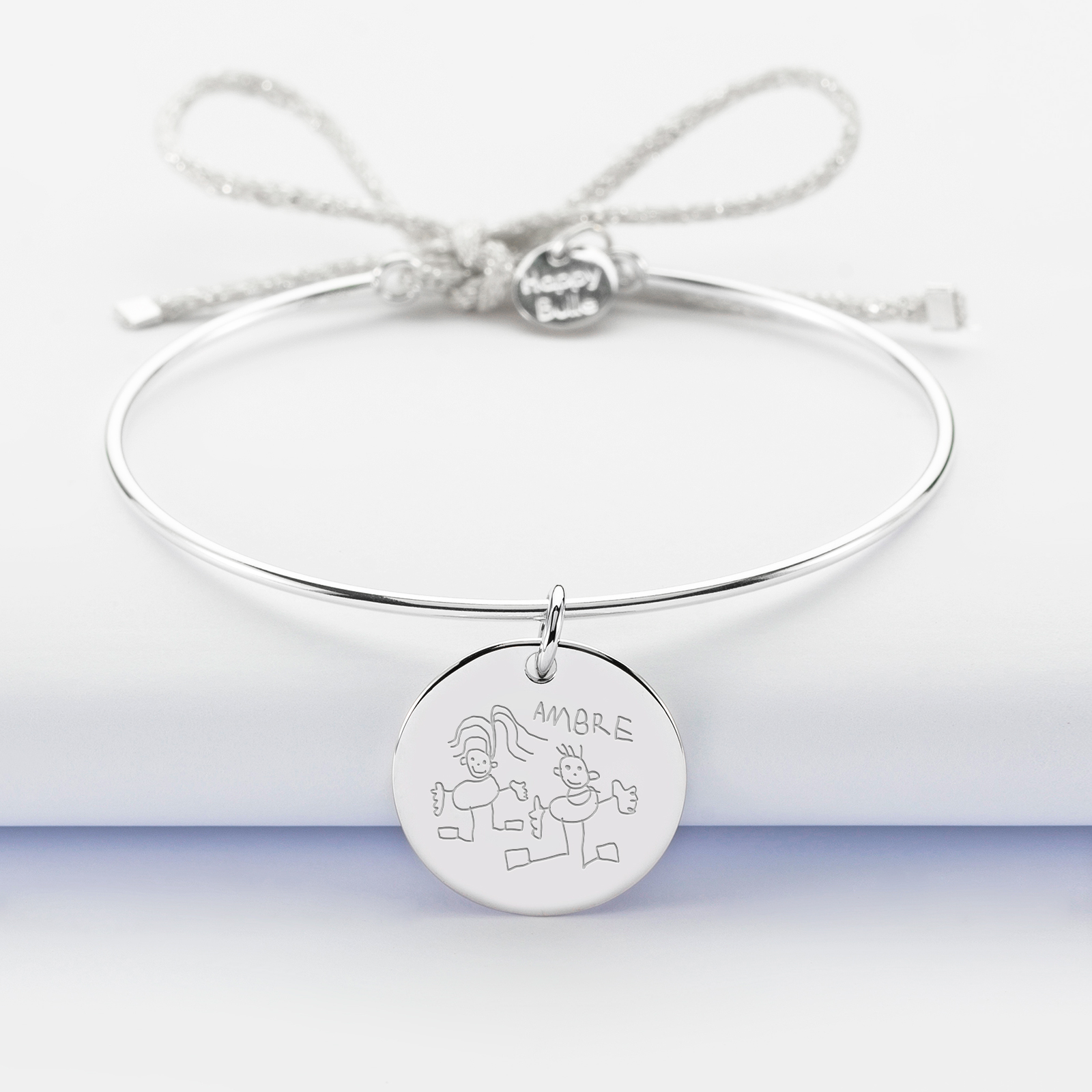 Personalised silver and sparkly cord bangle bracelet and 19 mm engraved medallion - sketch