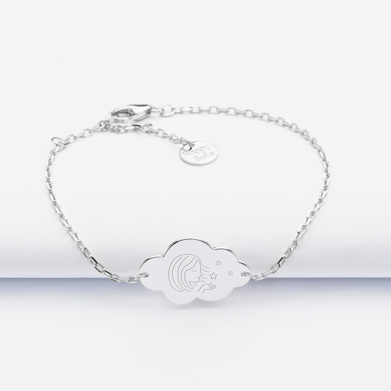 Bracelet baptême chaîne enfant personnalisé médaille gravée argent nuage 2 trous 20x14 mm - bonne fée