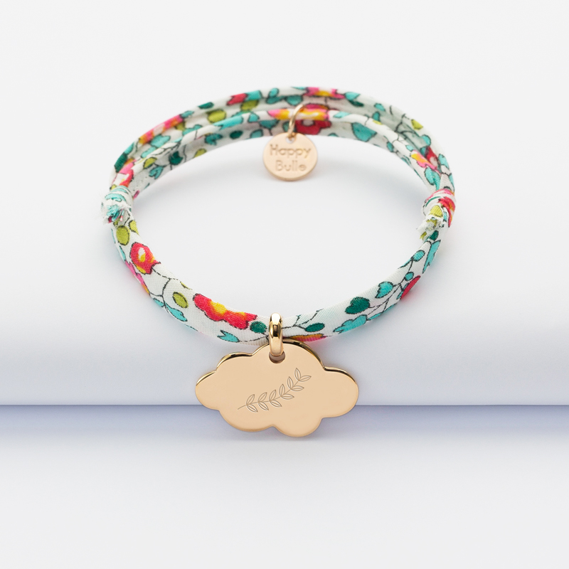 Bracelet baptême enfant Liberty personnalisé prénom médaille gravée plaqué or nuage 20x14 mm - branche d'olivier