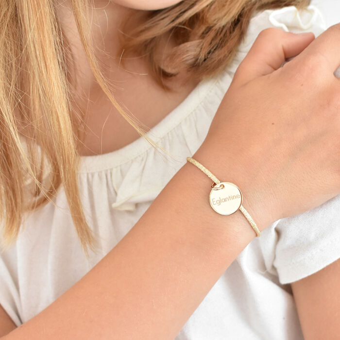 Bracelet Enfant Cordon Paillete Personnalise Medaille Plaque Or Gravee 15 Mm