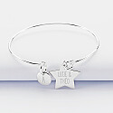Personalised engraved silver star 20x20mm bangle and round charm 10mm - names