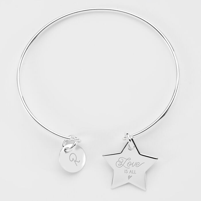 Personalised engraved silver star 20x20mm bangle and round charm 10mm - illustration
