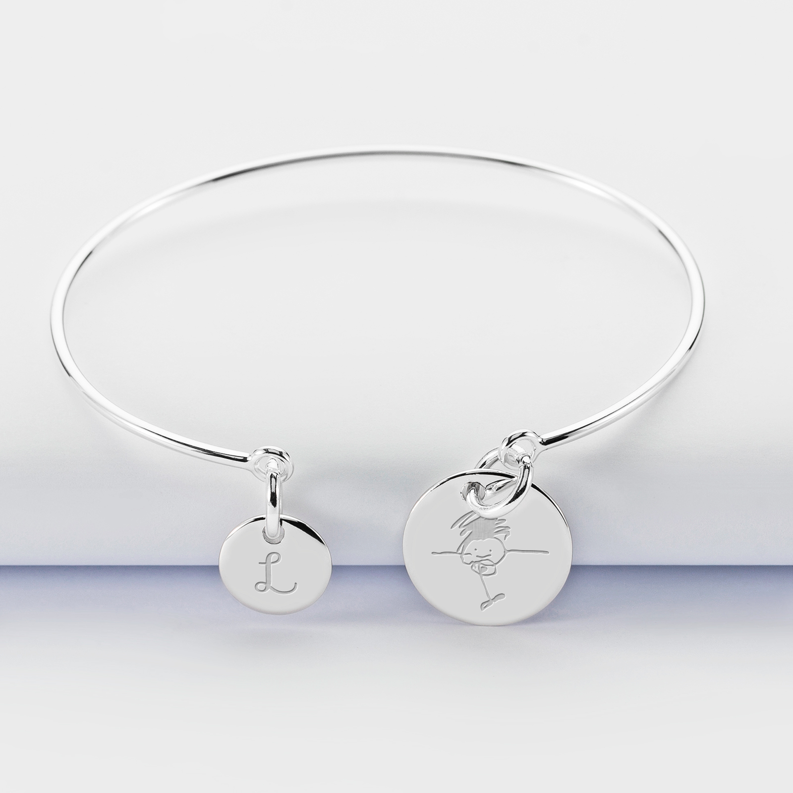 Personalised silver engraved 15mm bangle and round 10mm charm - sketch