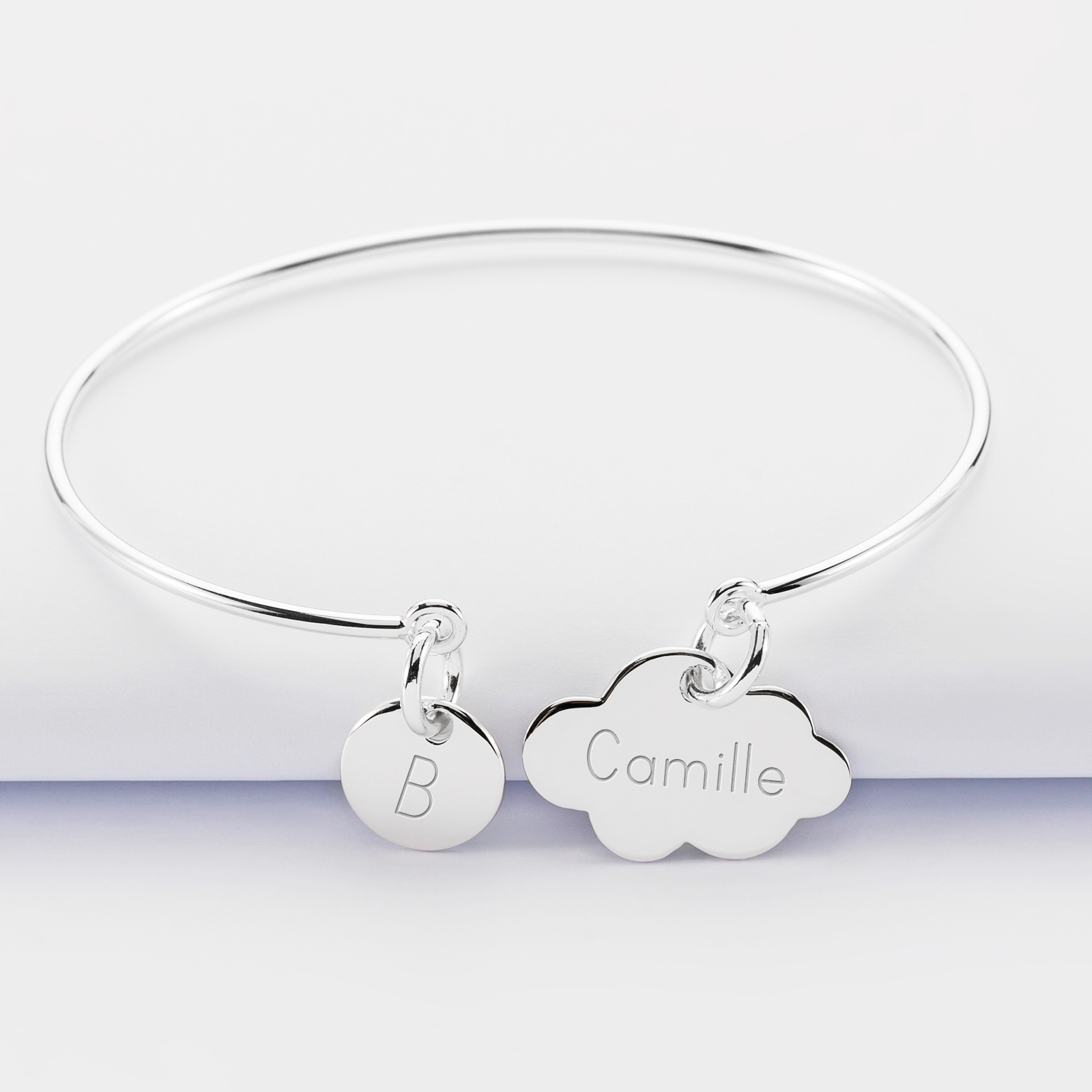 Personalised engraved silver cloud 20x14mm bangle and round 10mm charm - name 1
