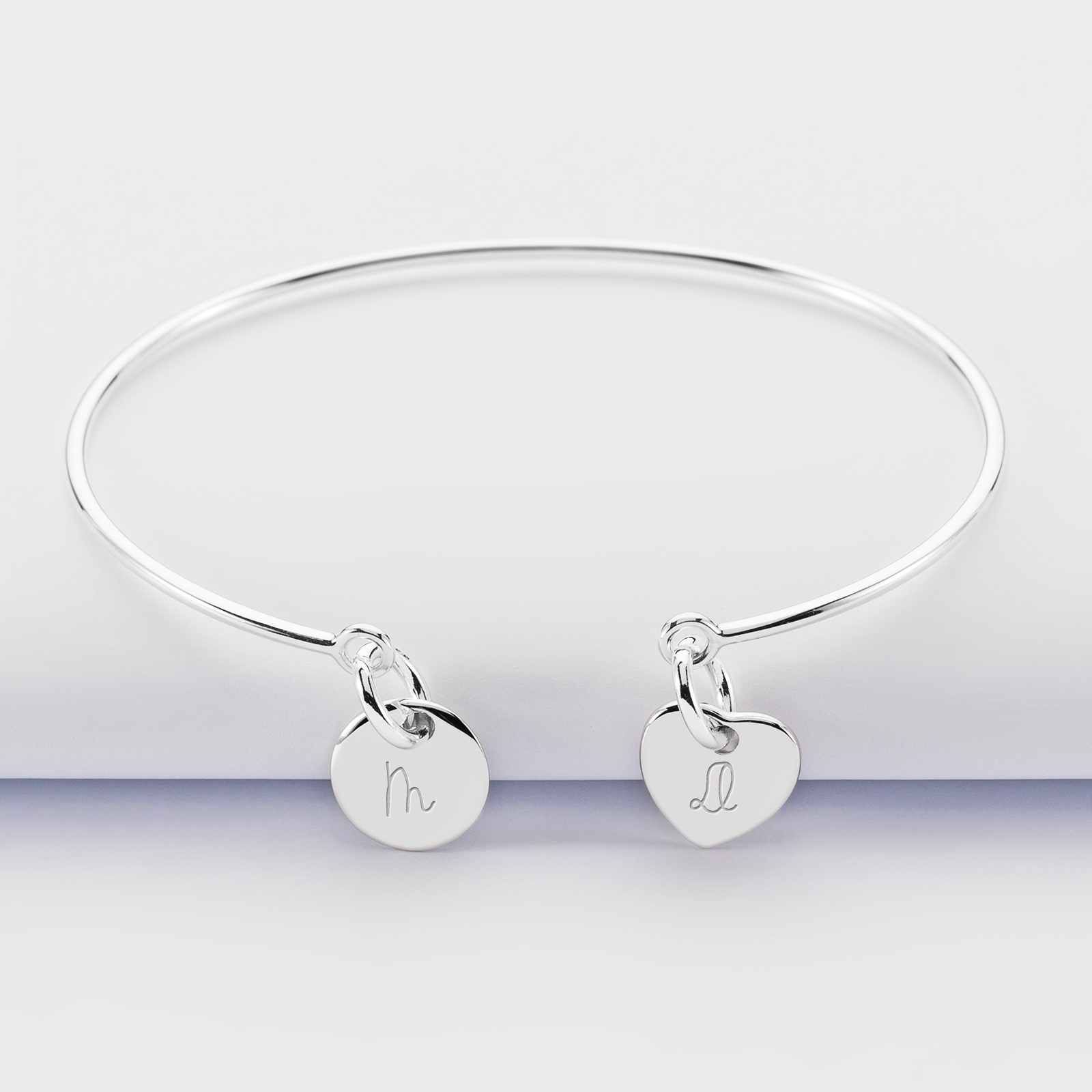 Personalised bangle with engraved round silver initials medallions and 10mm - 1