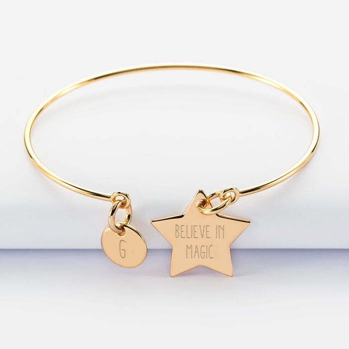 Personalised engraved gold-plated star 20x20mm bangle and round 10mm charm - text