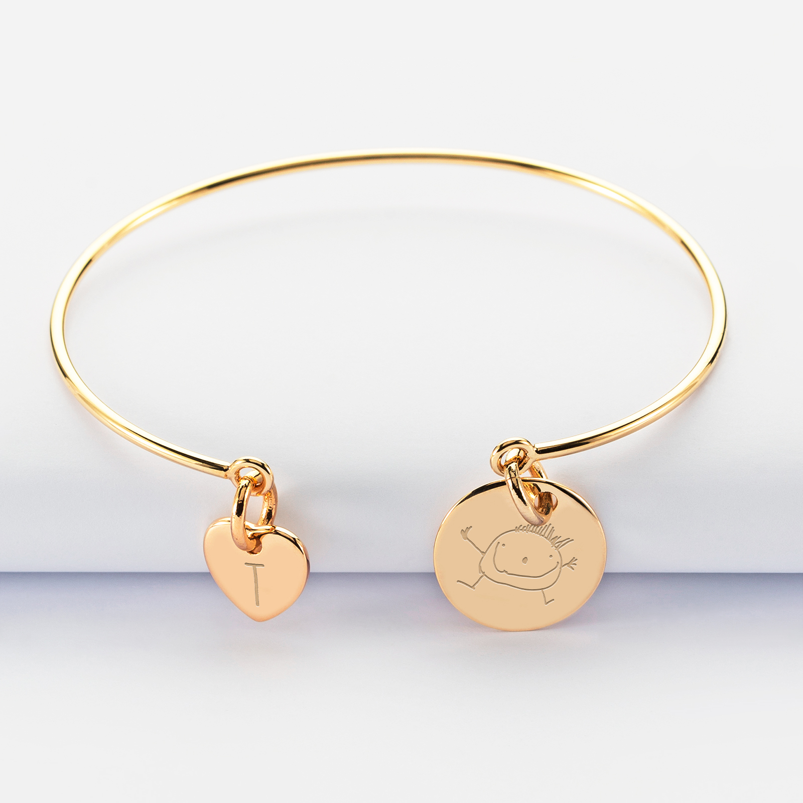 Personalised gold plated engraved 15mm bangle and heart 10mm charm - sketch