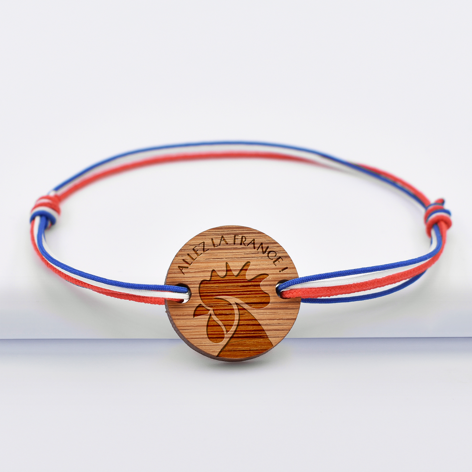 Bracelet personnalisé cordon tricolore médaille gravée bois ronde 2 trous 21 mm - Edition spéciale Coupe du Monde 4