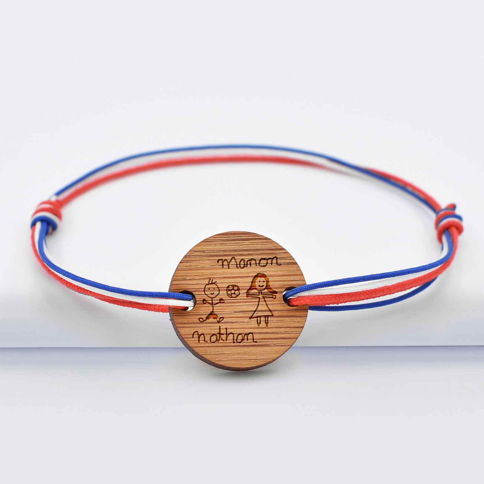 Bracelet personnalisé cordon tricolore médaille gravée bois ronde 2 trous 21 mm - dessin