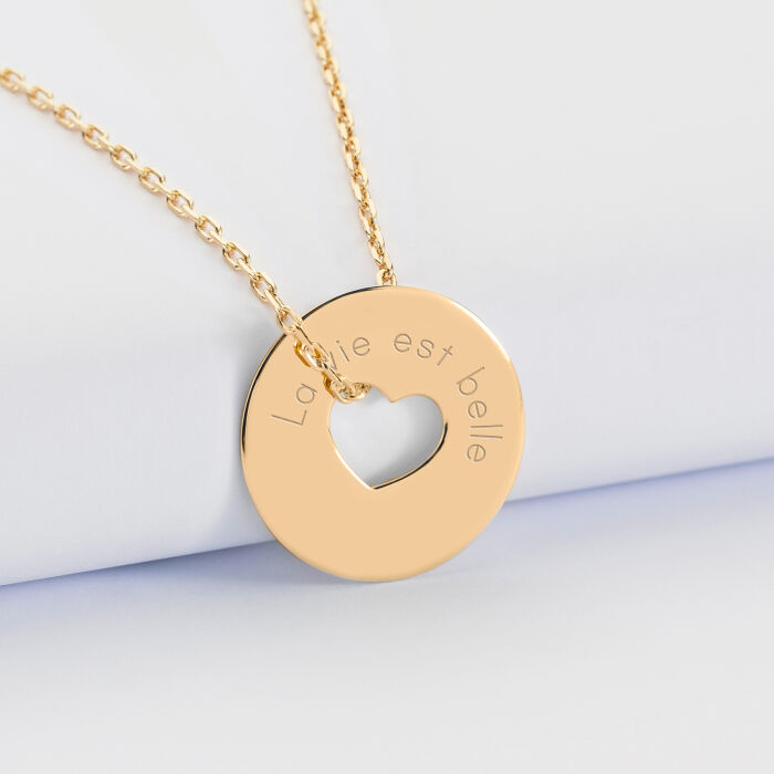 Personalised engraved gold plated target heart medallion pendant 21 mm - text