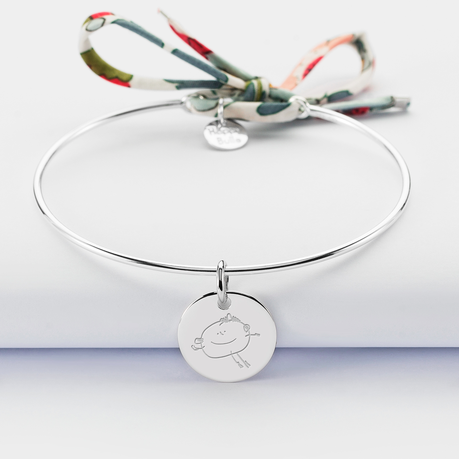 Bracelet personnalisé jonc argent et cordon pailleté médaille gravée 15 mm - gravure dessin