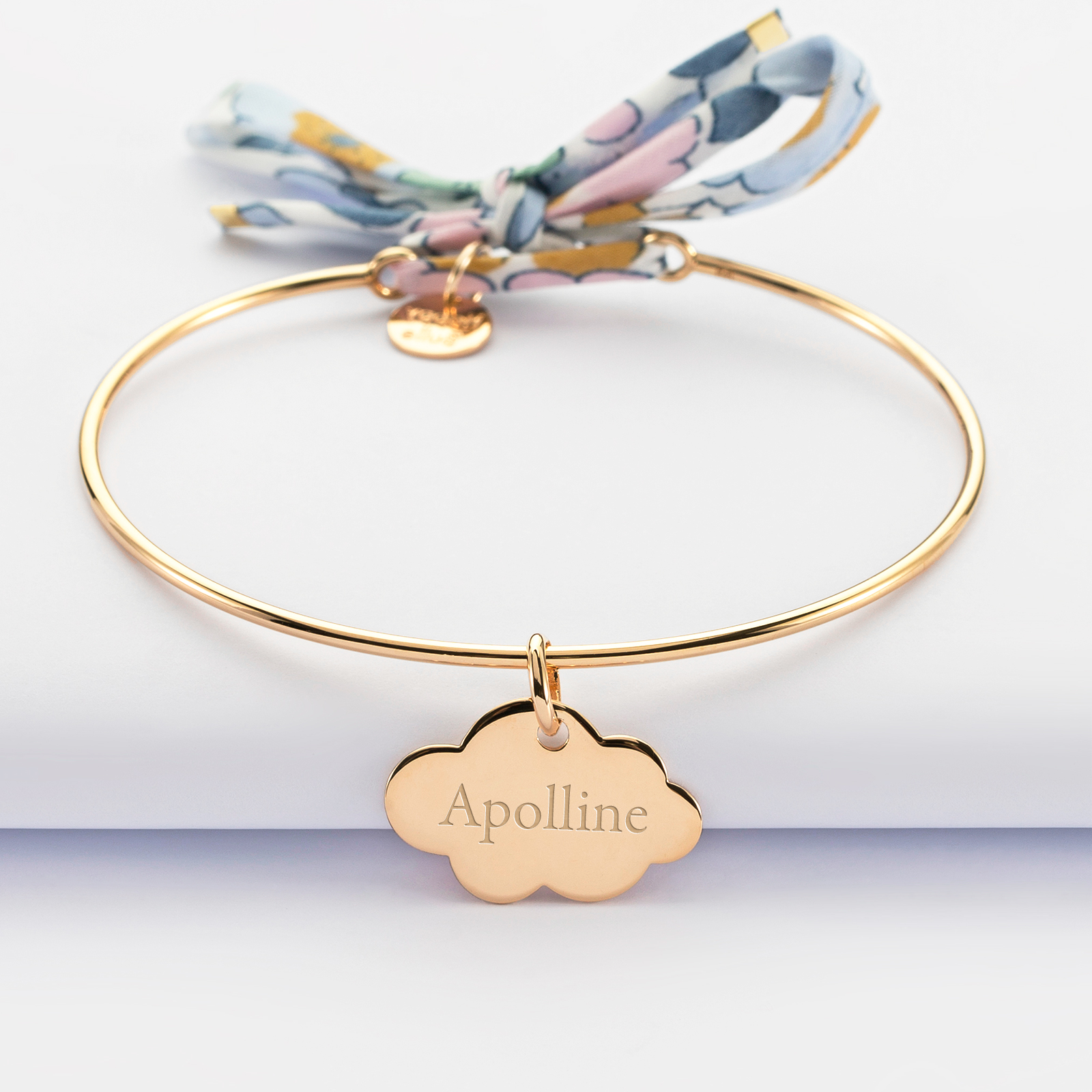 Personalised gold-plated bangle and engraved cloud medallion 20x14mm with Liberty cord - name