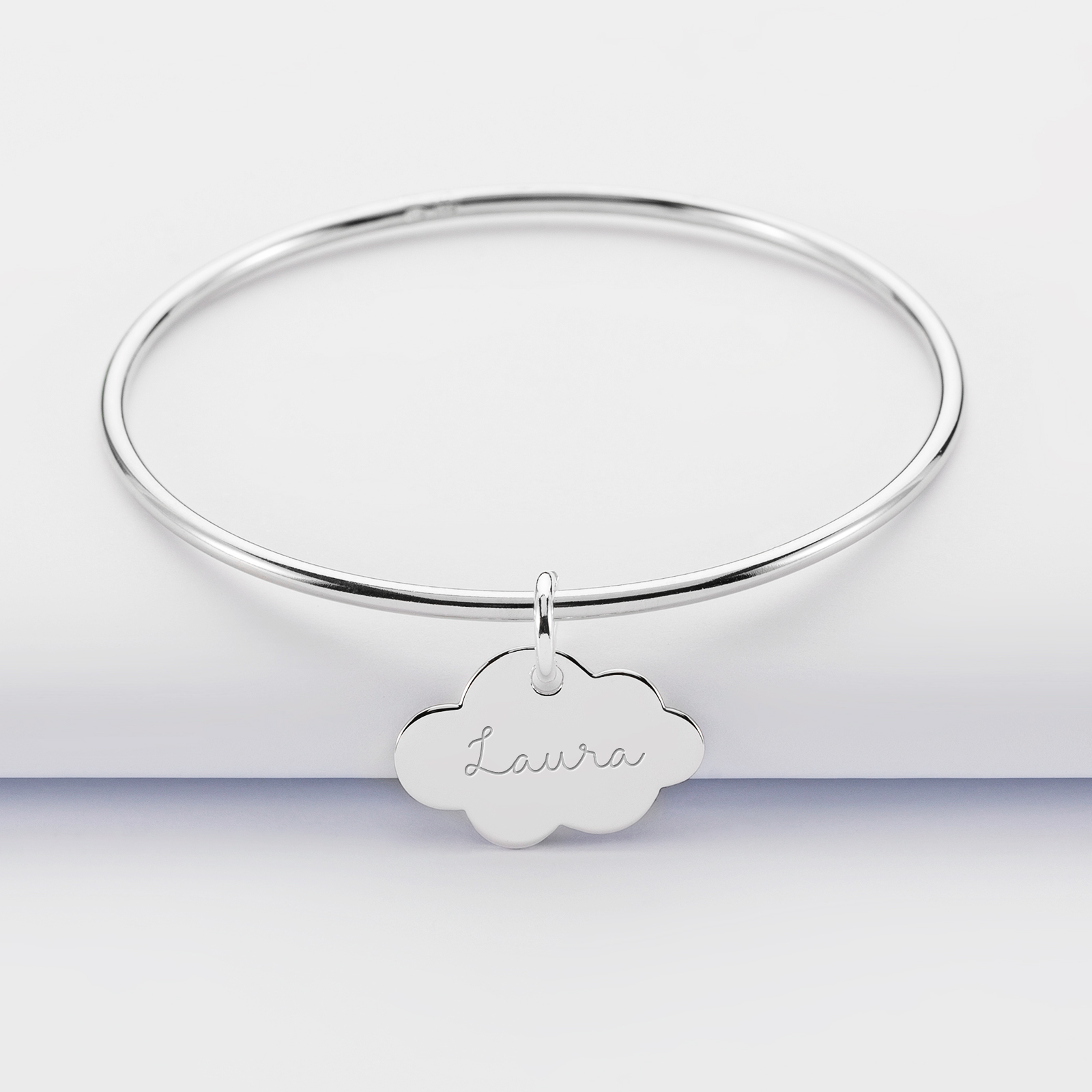 Personalised silver children's bangle and engraved cloud medallion 20x14 mm - name