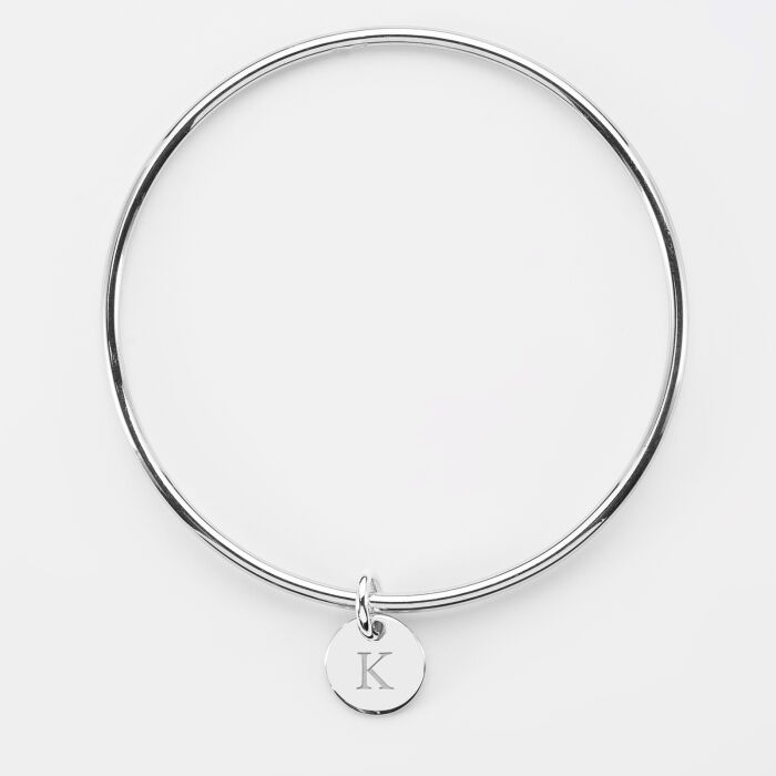 Personalised silver children's bangle and 10 mm engraved initial medallion - 2