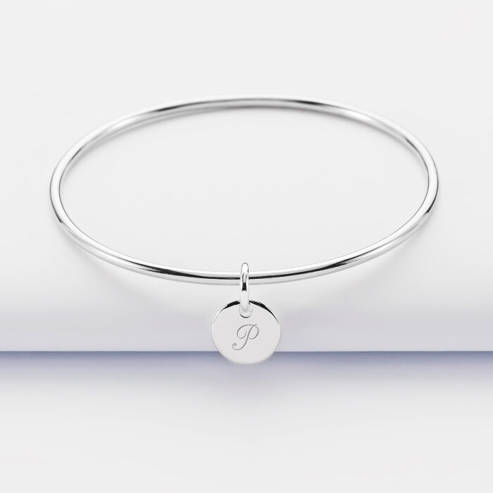 Personalised silver children's bangle and 10 mm engraved initial medallion - 3